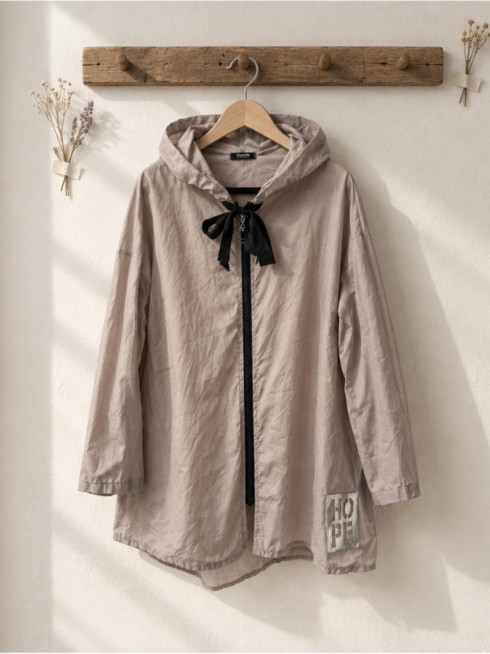 Women’s Hooded Trench Coat with Black Ribbon Tie